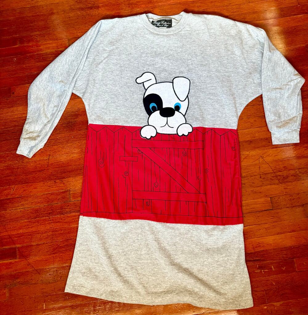 Vintage 80s Gray Red Cute White Dog Long Sweater Medium Large Sweatshirt Whimsy